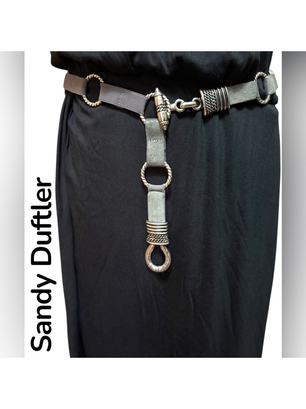Sandy Duftler-size large vintage T-bar belt. Leather, elastic, metalwork. EUC! - Picture 2 of 8